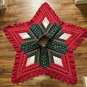 Vintage Quilted Star Mallard Duck Christmas Tree Skirt Red Green White Quilt